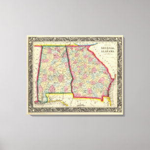 Lienzo Mapa del condado de Georgia, y de Alabama