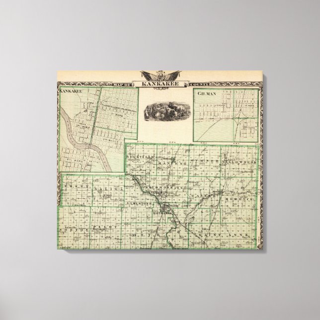 Lienzo Mapa del condado de Kankakee, Kankakee y Gilman (Anverso)