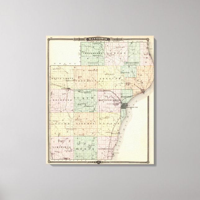 Lienzo Mapa del condado de Manitowoc, estado de Wisconsin (Anverso)