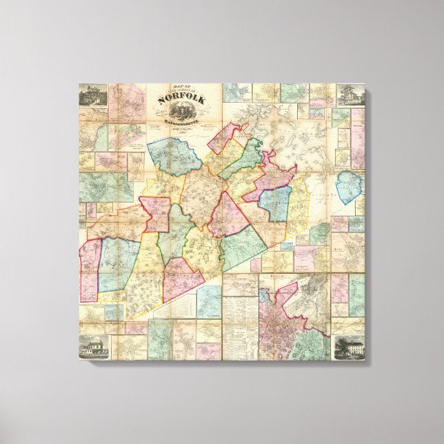 Lienzo Mapa del condado de Norfolk, Massachusetts (Anverso)
