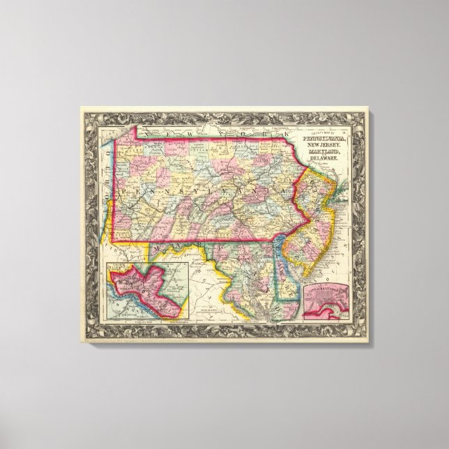 Lienzo Mapa Del Condado De Pennsylvania, Nueva Jersey (Anverso)