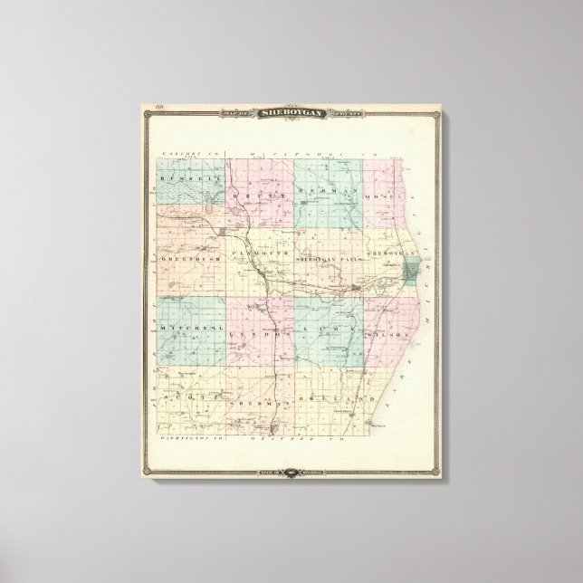 Lienzo Mapa del condado de Sheboygan, estado de Wisconsin (Anverso)