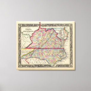 Lienzo Mapa del condado de Virginia, y de Carolina del