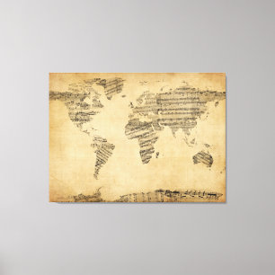 Lienzo Mapa del mapa del mundo de la vieja partitura