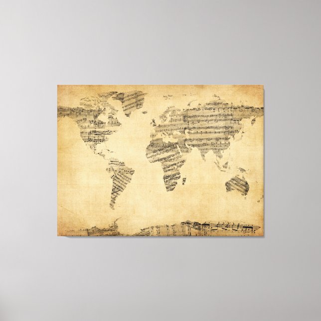 Lienzo Mapa del Mapa Mundial de la Música de Hoja Antigua (Anverso)