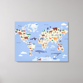Lienzo mapa del mundo infantil con animales