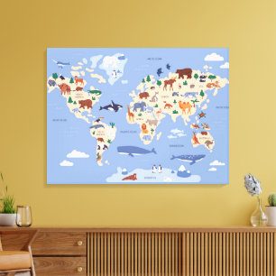 Lienzo mapa del mundo infantil con animales