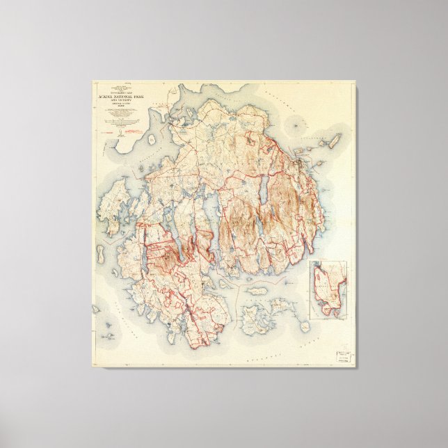 Lienzo Mapa del Parque Nacional de Acadia, Maine (1942) (Anverso)