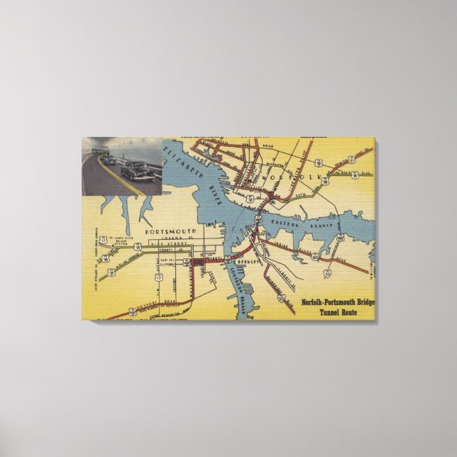 Lienzo Mapa detallado del túnel puente Norfolk-Portsmouth (Anverso)