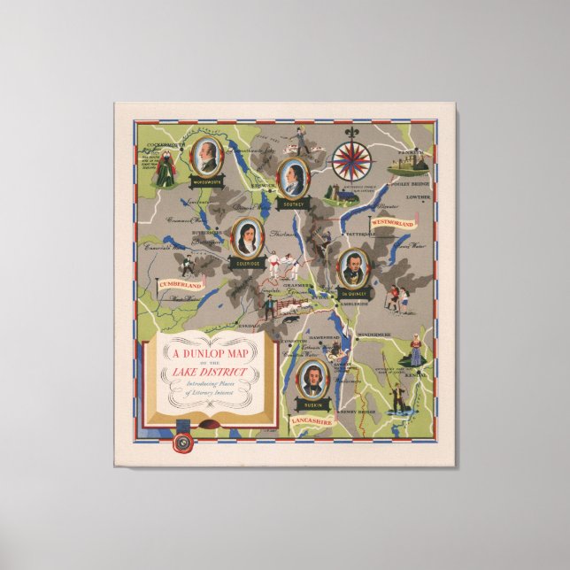 Lienzo Mapa Dunlop del distrito de los lagos, Inglaterra (Anverso)