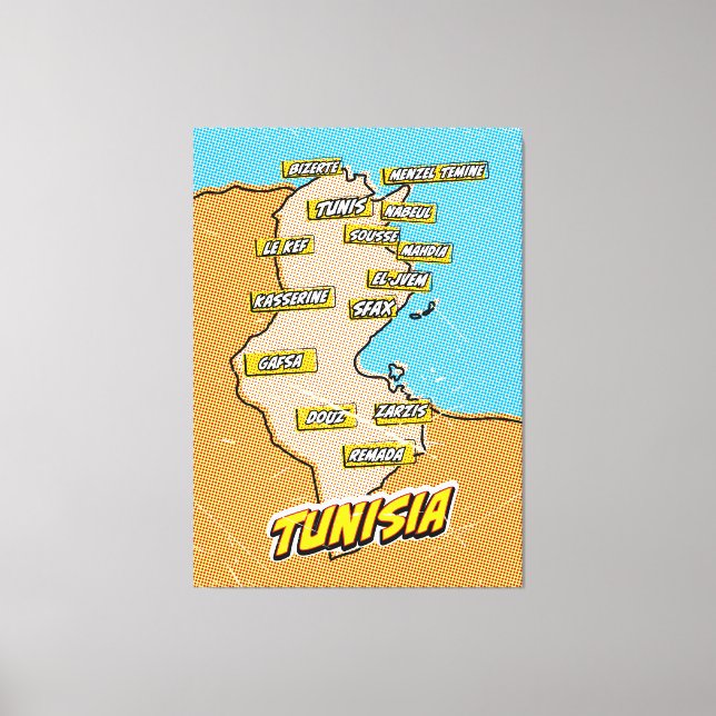 Lienzo Mapa ilustrado de Túnez de Pop Art (Anverso)