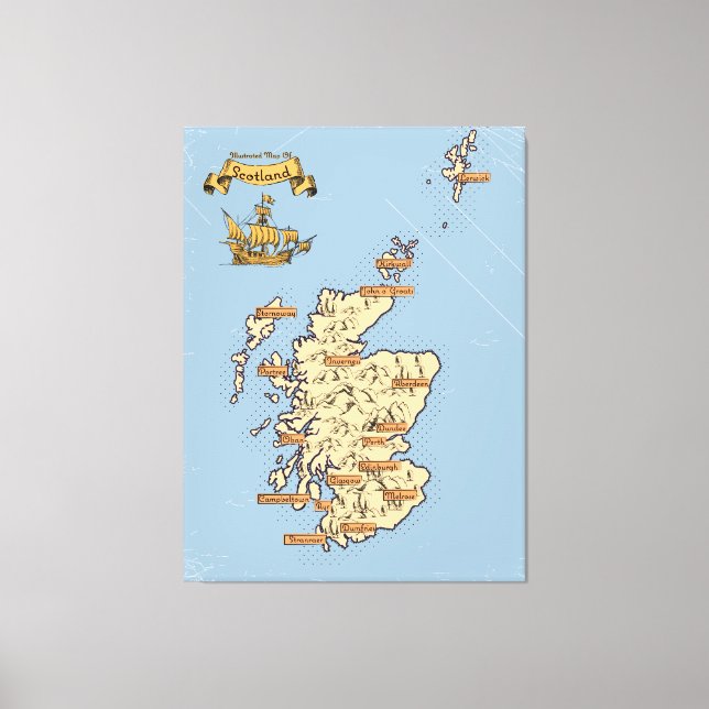 Lienzo Mapa ilustrado de viajes de Escocia (Anverso)