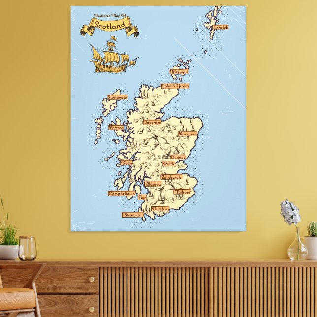 Lienzo Mapa ilustrado de viajes de Escocia (Insitu (Sala de estar))