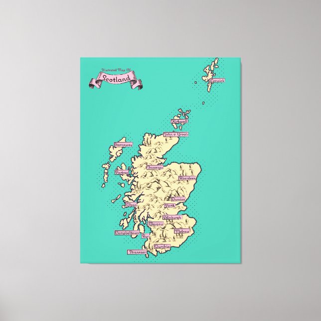 Lienzo Mapa ilustrado de viajes de Escocia (versión Verde (Anverso)