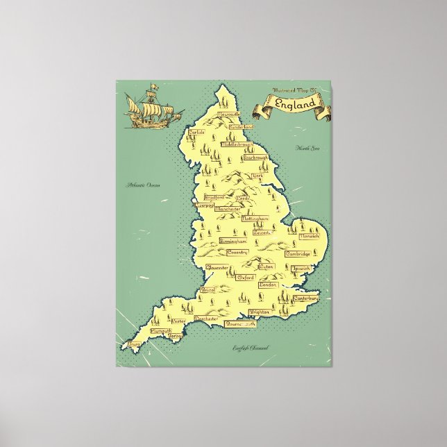 Lienzo Mapa ilustrado de viajes de Inglaterra (Anverso)