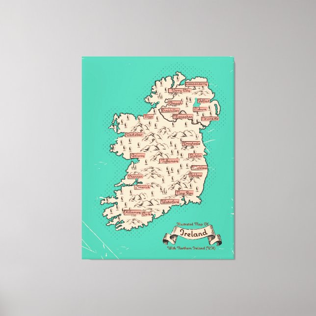 Lienzo Mapa ilustrado de viajes de Irlanda (Anverso)