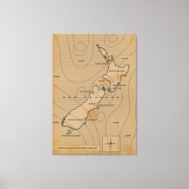 Lienzo Mapa meteorológico antiguo de Nueva Zelanda (Anverso)