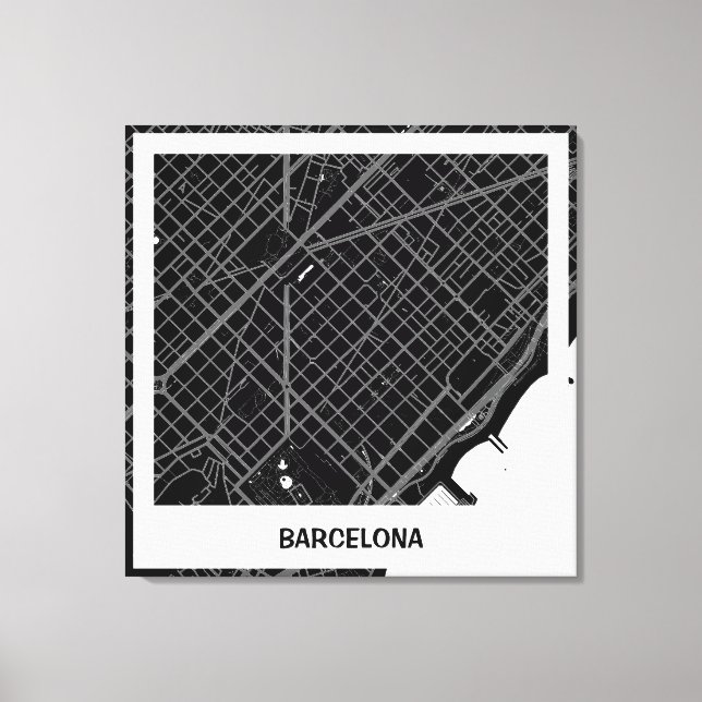 Lienzo mapa minimalista Barcelona - Negro-blanco (Anverso)