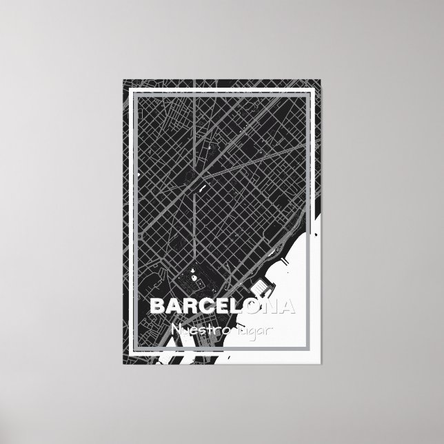 Lienzo mapa minimalista Barcelona - Negro-blanco (Anverso)