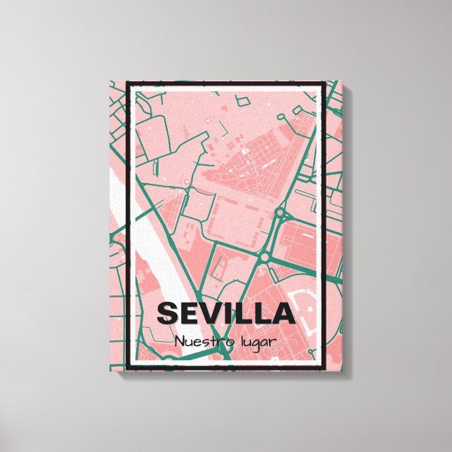 Lienzo mapa minimalista Sevilla - Rosa-verde (Anverso)