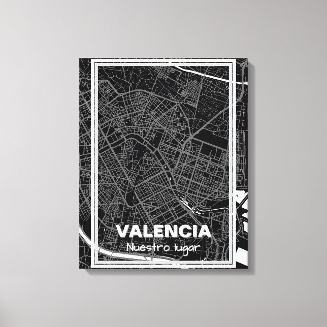 Lienzo mapa minimalista Valencia - Negro-blanco (Anverso)