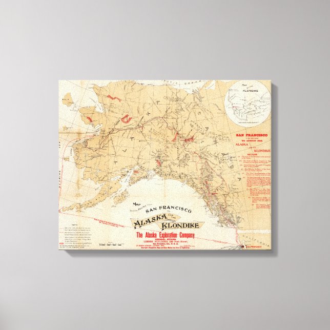 Lienzo Mapa mostrando rutas desde San Francisco a Alaska (Anverso)