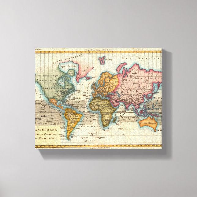 Lienzo Mapa Mundial 1780 Planisferio Antiguo de Bonne (Anverso)