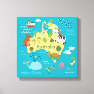 Lienzo Mapa mundial de animales de Australia para niños