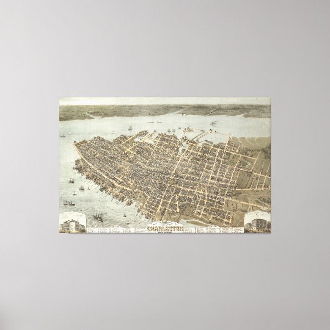 Lienzo Mapa pictórico vintage de Charleston (1872) (Anverso)