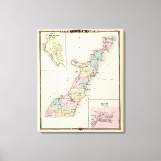 Lienzo Mapas del condado de Door, Sturgeon Bay y Jenny (Anverso)