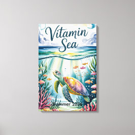 Lienzo Mar de Vitaminas Acuarela Tortuga Marina Bajo el A