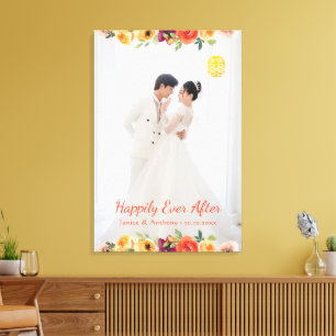 Lienzo Marco floral de pareja foto boda china oriental