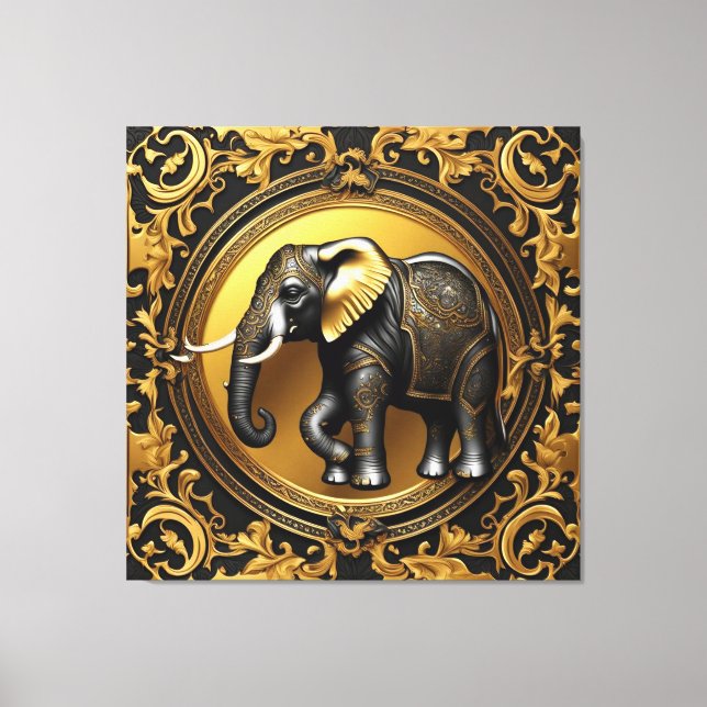 Lienzo Marco ornamental de oro elefante (Anverso)