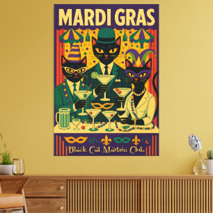 Lienzo Mardi Gras Black Cat Martini Club Trío
