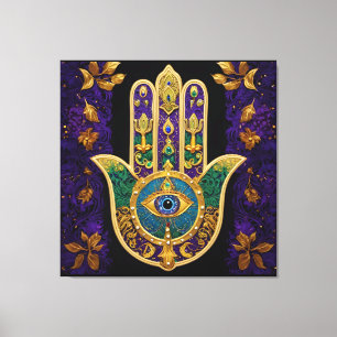 Lienzo Mardi Gras Gold Purple Green Hamsas Art