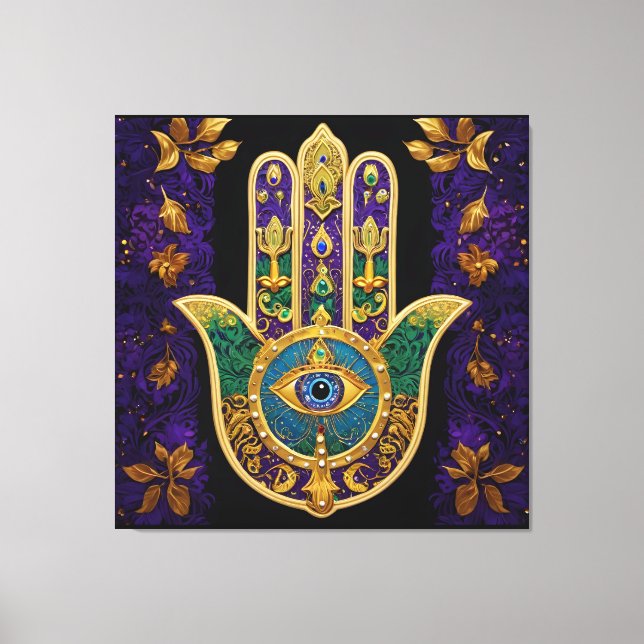 Lienzo Mardi Gras Gold Purple Green Hamsas Art (Anverso)