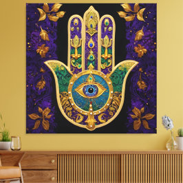 Lienzo Mardi Gras Gold Purple Green Hamsas Art
