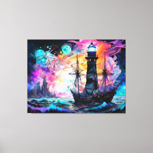 Lienzo Mares tormentosos, faro de barco, resumen de la lu