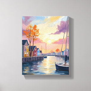 Lienzo Marina de Barcos Pintura en Acuarela de Bahía Co