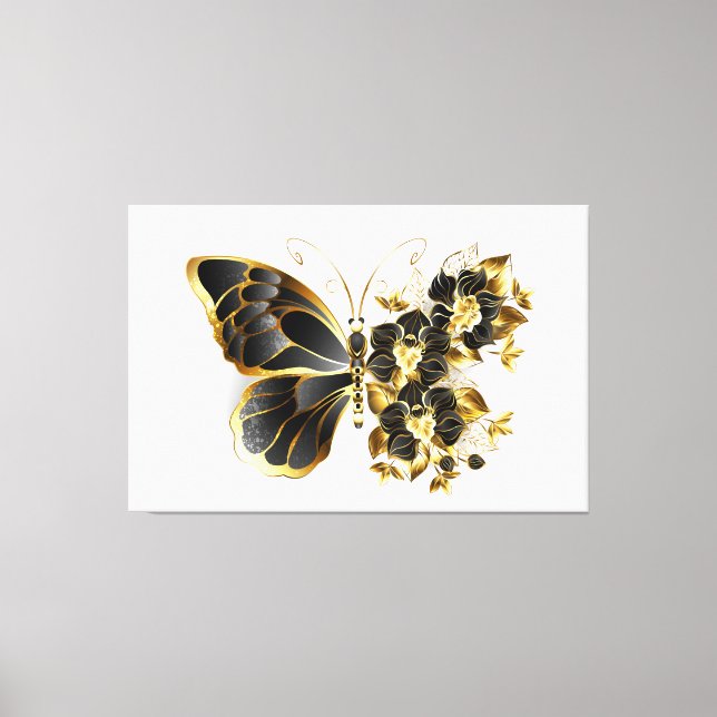 Lienzo Mariposa de flor de oro con orquídea negra (Anverso)