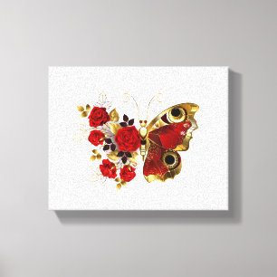 Lienzo Mariposa de flor roja con rosas rojas