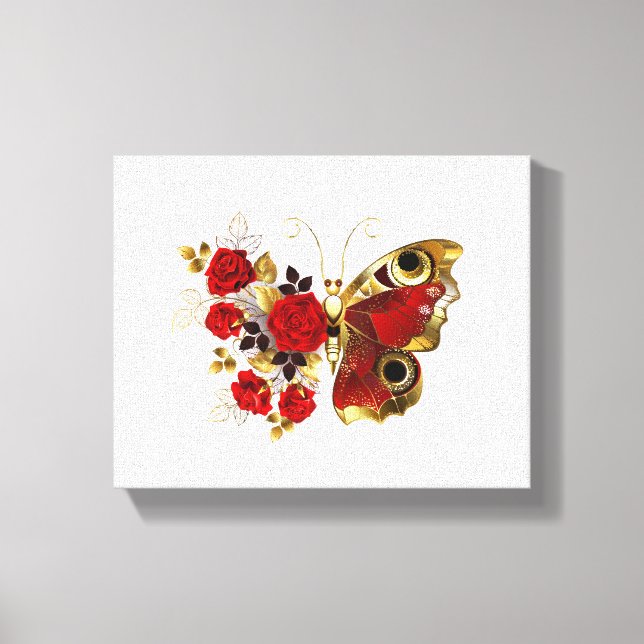 Lienzo Mariposa de flor roja con rosas rojas (Anverso)
