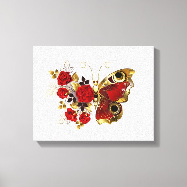 Lienzo Mariposa de flor roja con rosas rojas (Anverso)