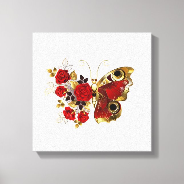 Lienzo Mariposa de flor roja con rosas rojas (Anverso)