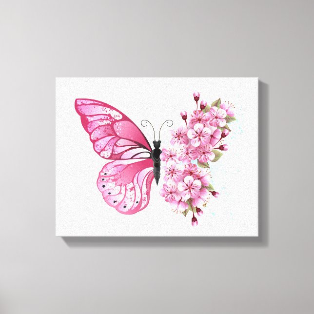 Lienzo Mariposa de flores con Sakura rosa (Anverso)