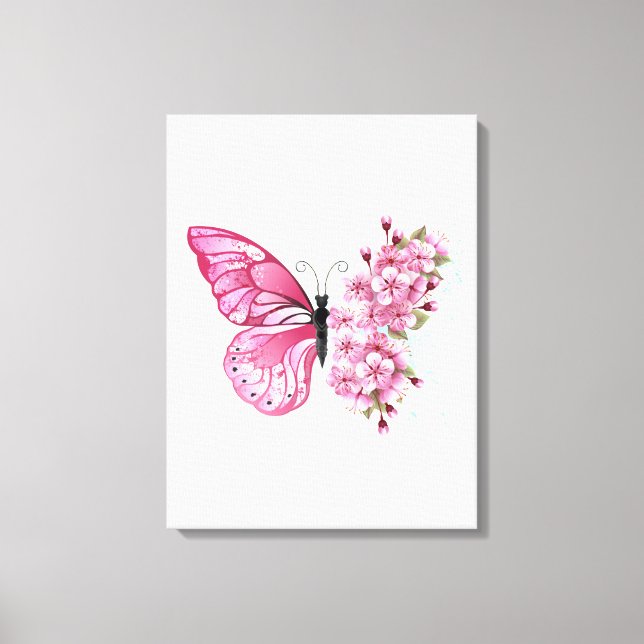 Lienzo Mariposa de flores con Sakura rosa (Anverso)