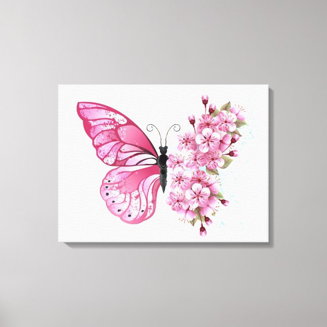 Lienzo Mariposa de flores con Sakura rosa (Anverso)
