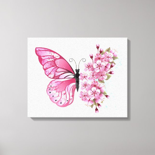 Lienzo Mariposa de flores con Sakura rosa (Anverso)