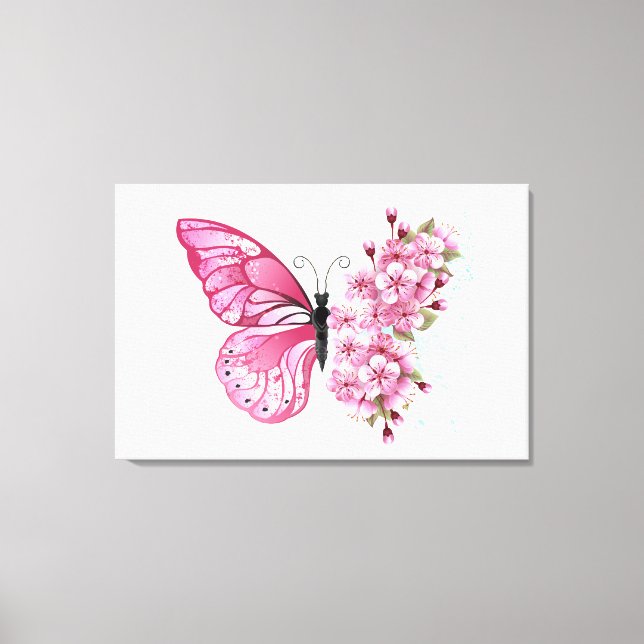 Lienzo Mariposa de flores con Sakura rosa (Anverso)