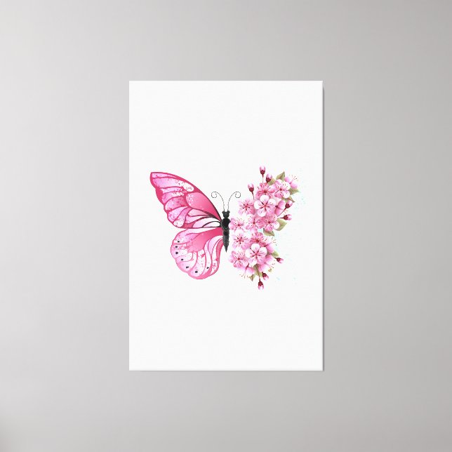 Lienzo Mariposa de flores con Sakura rosa (Anverso)